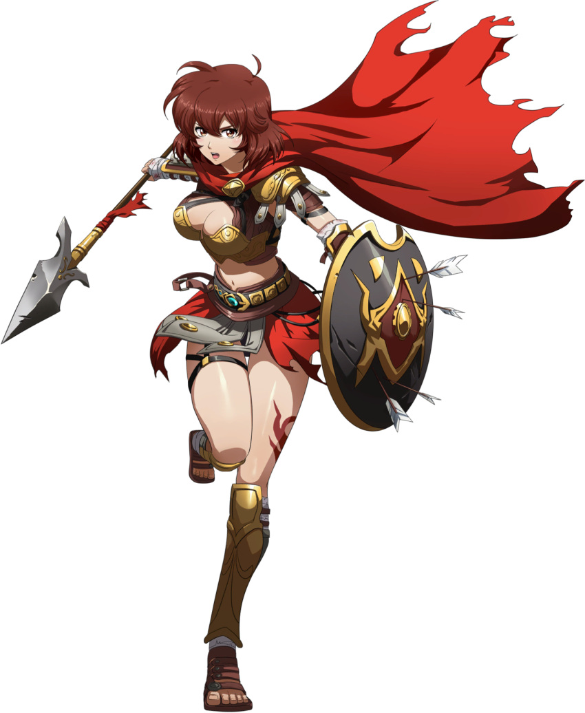 1girl :d arrow_(projectile) bandaged_arm bandages bangs black_panties boobplate breasts brown_eyes brown_hair cape cleavage flare_(langrisser) full_body hair_between_eyes highres holding holding_polearm holding_shield holding_weapon langrisser langrisser_iii large_breasts leg_tattoo looking_at_viewer midriff miniskirt navel official_art panties polearm red_cape red_skirt shield shiny shiny_hair shiny_skin short_hair skirt smile solo standing standing_on_one_leg stomach tattoo thigh_gap thigh_strap toeless_legwear torn_cape torn_clothes transparent_background underwear weapon