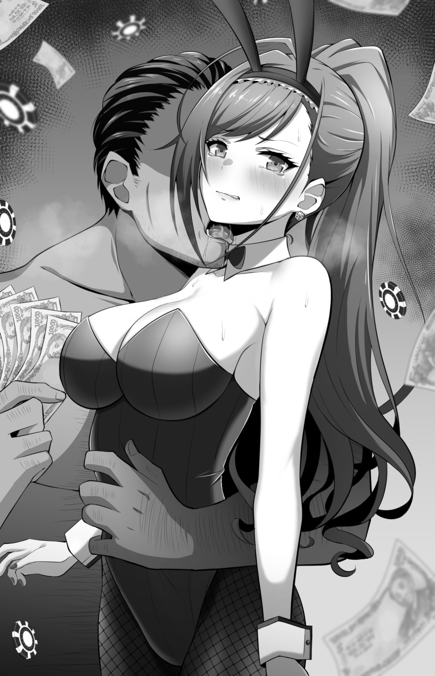 1boy 1girl animal_ears arisugawa_natsuha bare_arms bare_shoulders blush bow bowtie breasts clothed_female_nude_male commentary_request covered_navel cowboy_shot detached_collar dice_earrings earrings eruu_(eruuman) fake_animal_ears fishnet_legwear fishnets greyscale grimace high_ponytail highleg highleg_leotard highres idolmaster idolmaster_shiny_colors jewelry large_breasts leotard licking long_hair money monochrome nude pantyhose playboy_bunny rabbit_ears strapless strapless_leotard tearing_up wing_collar yen