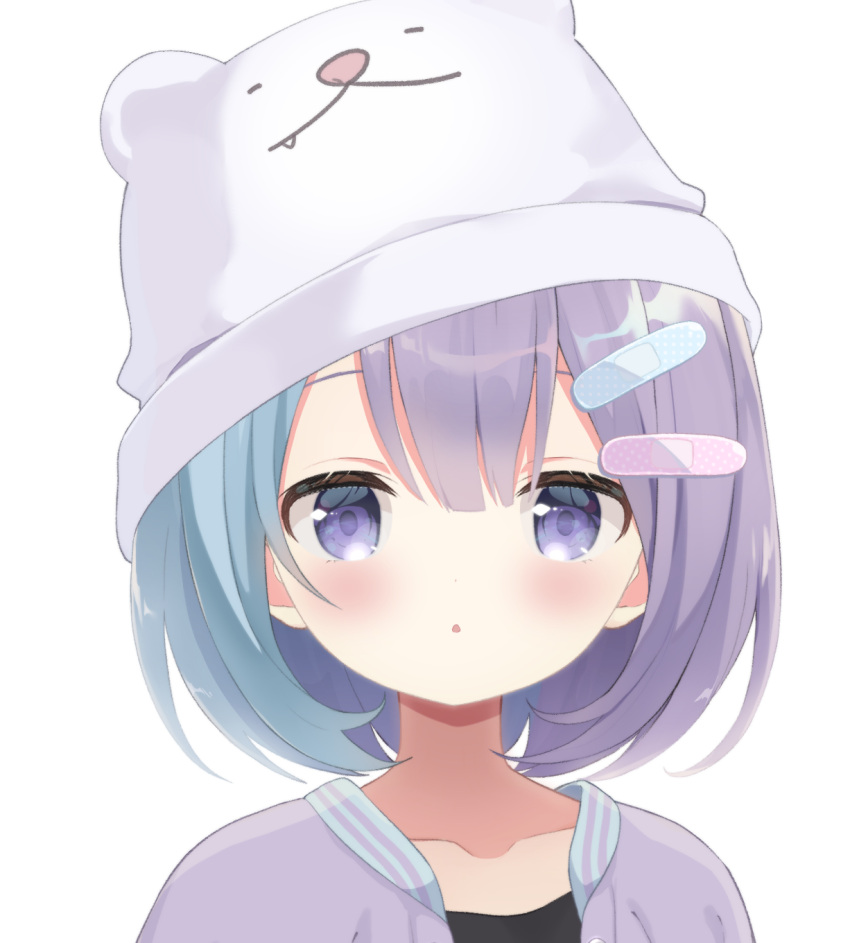 1girl :o animal_ears bandaid_hair_ornament beanie bear_ears bear_hat black_shirt blue_hair blush collarbone fake_animal_ears hat highres jacket looking_at_viewer neki_(wakiko) open_clothes open_jacket original parted_lips portrait purple_eyes purple_hair purple_jacket shirt simple_background solo white_background white_headwear