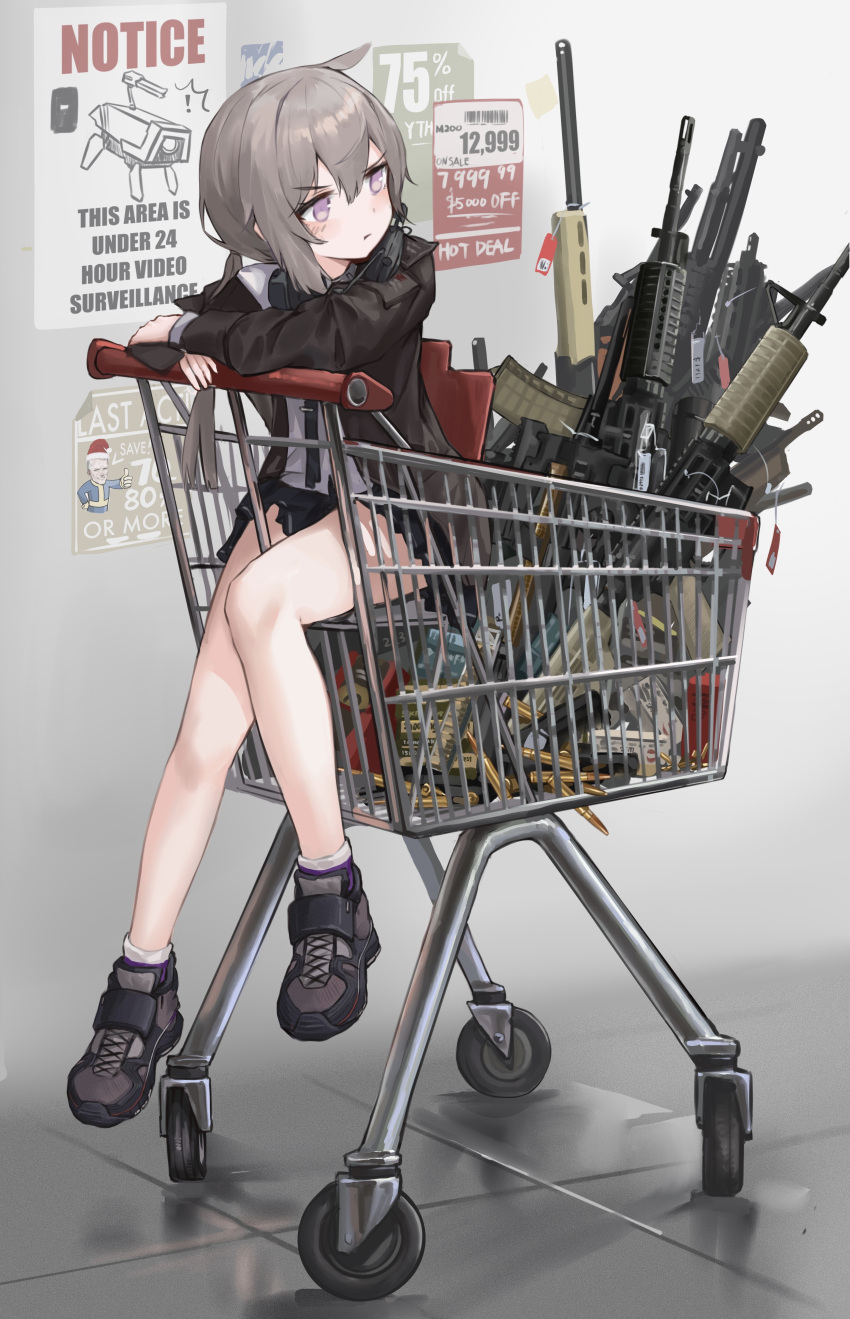 1girl absurdres ammunition ar-15 assault_rifle bangs bare_legs blush bullet bullpup cartridge chinese_commentary commission english_text girls'_frontline grey_hair gun highres m200_(girls'_frontline) m4_carbine magazine_(weapon) miniskirt notice_lines p90 poster_(object) purple_eyes rifle sawkm second-party_source shopping_cart shotgun sitting skirt solo submachine_gun weapon yegor_(girls'_frontline)