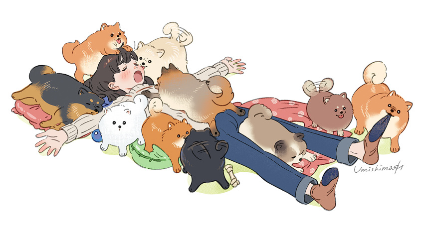 1girl :p blush bone brown_hair closed_eyes denim jeans long_hair lying on_back open_mouth original pants pomeranian_(dog) simple_background sleeping socks sweater tail tail_wagging tongue tongue_out too_many too_many_dogs turtleneck turtleneck_sweater umishima_senbon
