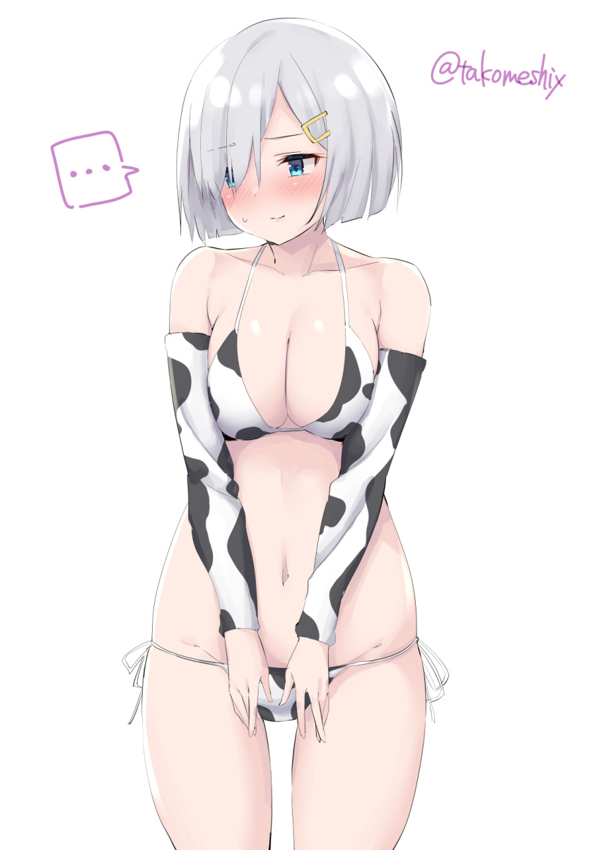 ... 1girl alternate_costume animal_print bikini blue_eyes breasts bridal_gauntlets cleavage commentary_request covering covering_crotch cow_print cowboy_shot hair_ornament hair_over_one_eye hairclip hamakaze_(kancolle) highres kantai_collection large_breasts looking_to_the_side one-hour_drawing_challenge short_hair side-tie_bikini silver_hair simple_background solo spoken_ellipsis standing swimsuit takomeshi twitter_username white_background white_bikini