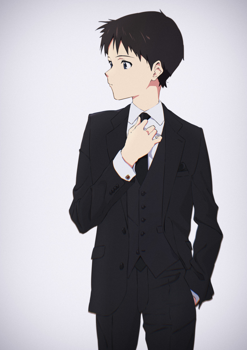 1boy absurdres adjusting_clothes adjusting_necktie adjusting_neckwear anime_coloring black_jacket black_necktie black_pants black_vest blue_eyes brown_hair buttons closed_mouth collared_shirt commentary cuff_links dress_shirt film_grain formal hand_in_pocket hand_up highres ikari_shinji jacket looking_to_the_side male_focus necktie neon_genesis_evangelion open_clothes open_jacket pants pocket_square sakurayama_(59_sakurayama) shirt short_hair simple_background solo standing suit suit_jacket three-piece_suit vest waistcoat white_background white_shirt
