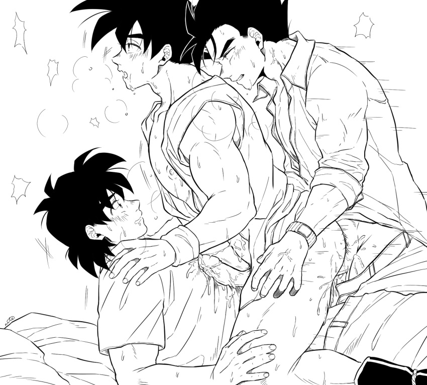 3boys anal ass bara bare_pectorals blush boots clenched_teeth clothed_sex clothes_pull collared_shirt cum cum_in_ass cum_on_boy cum_string cum_while_penetrated double_penetration dragon_ball dragon_ball_z ejaculation erection father_and_son from_side greyscale group_sex hands_on_another's_thighs highres incest large_pectorals looking_at_another lying male_focus mmm_threesome monochrome multiple_boys muscular muscular_male nipples on_back on_person open_clothes open_mouth open_shirt pants pants_pull pectorals penis saiyan scharlachrotn sex sex_from_behind shirt sitting sitting_on_person son_gohan son_goku son_goten teeth thick_thighs thighs threesome wristband yaoi