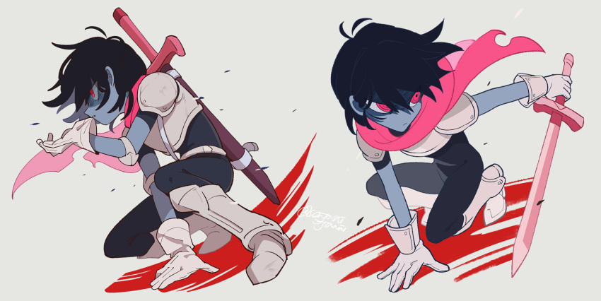 1other adjusting_clothes adjusting_gloves armor armored_boots bangs black_bodysuit black_hair blue_skin bodysuit boots closed_mouth colored_skin deltarune gloves hair_between_eyes highres holding holding_sword holding_weapon kris_(deltarune) multiple_views one_knee pink_eyes pink_scarf scarf senjochi_janai short_hair simple_background sword twitter_username weapon weapon_on_back white_gloves