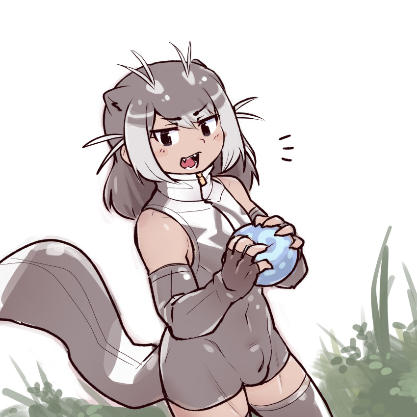 0x0082 1boy animal_ears antenna_hair bangs bulge covered_navel dutch_angle elbow_gloves extra_ears eyebrows_visible_through_hair fangs fingerless_gloves food genderswap genderswap_(ftm) giant_otter_(kemono_friends) gloves grey_hair highres holding holding_food japari_bun kemono_friends looking_at_viewer male_focus medium_hair multicolored_hair one-piece_swimsuit open_mouth otter_girl otter_tail parted_bangs sidelocks sleeveless solo swimsuit tail tan thighhighs tsurime two-tone_hair zipper zipper_pull_tab