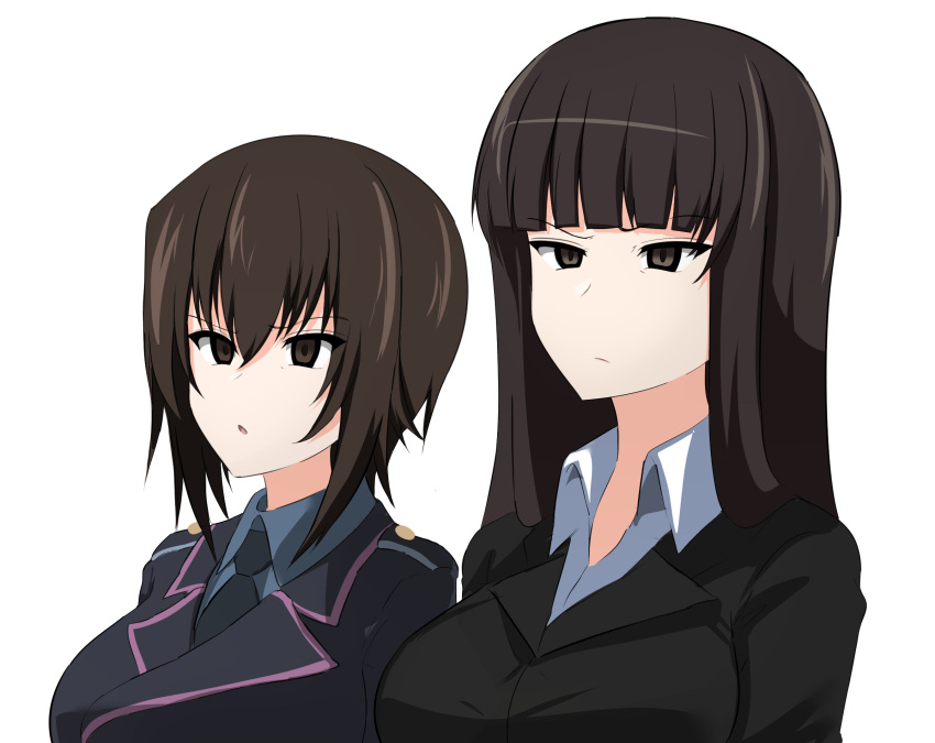 2girls aikir_(jml5160) bangs black_eyes black_hair black_jacket blunt_bangs brown_eyes brown_hair closed_mouth commentary dress_shirt epaulettes frown girls_und_panzer girls_und_panzer_saishuushou grey_shirt half-closed_eyes highres jacket long_hair long_sleeves looking_to_the_side military military_uniform mother_and_daughter multiple_girls necktie niedersachsen_military_uniform nishizumi_maho nishizumi_shiho parody parted_lips shirt short_hair simple_background squinting straight_hair uniform white_background white_shirt wing_collar