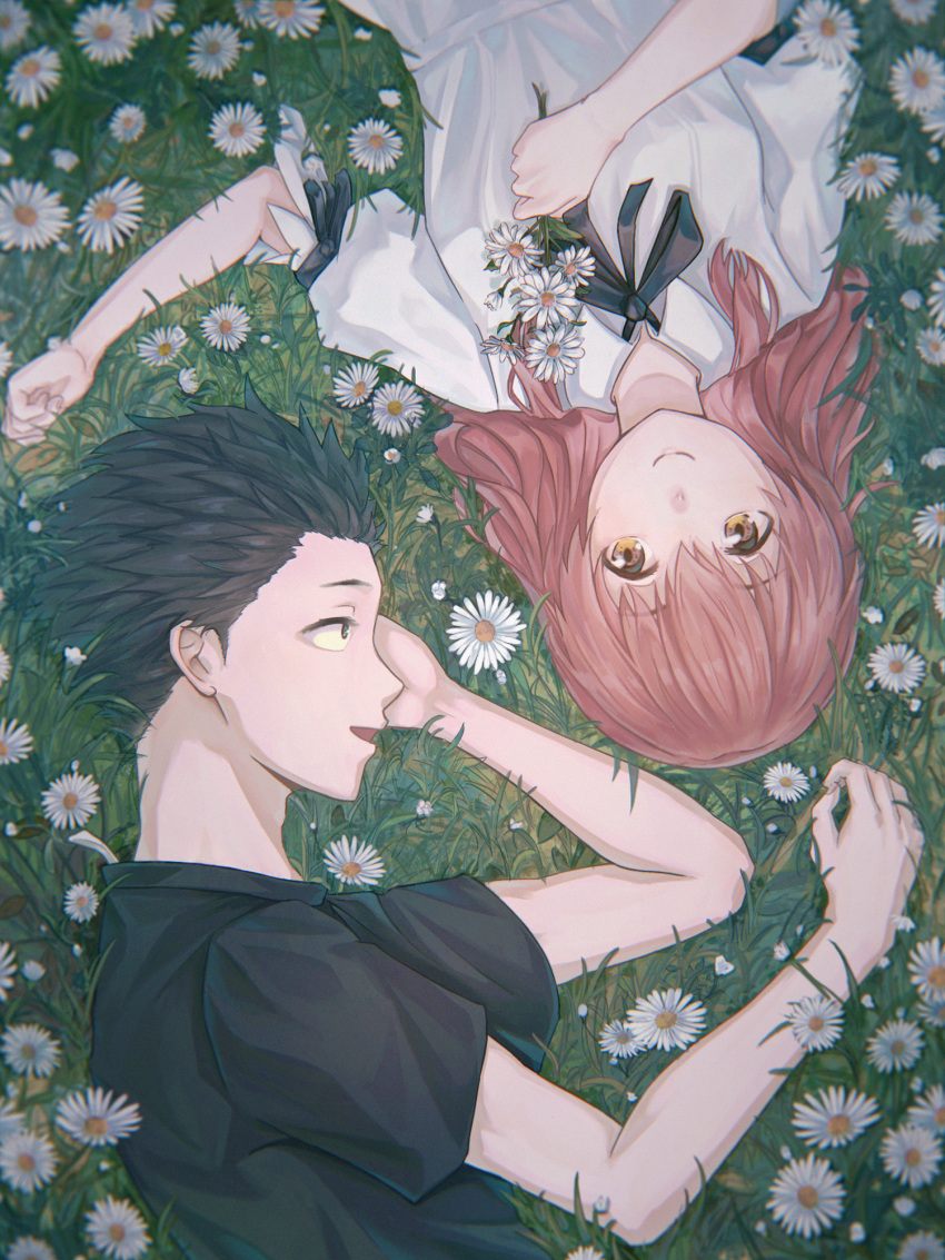 1boy 1girl black_eyes black_hair black_ribbon black_shirt brown_eyes brown_hair field flower flower_field from_above grass highres holding holding_flower ishida_shouya koe_no_katachi looking_at_another lying nishimiya_shouko on_back on_side outdoors ribbon shirt short_hair smile t-shirt white_shirt yato_(alphonse59)