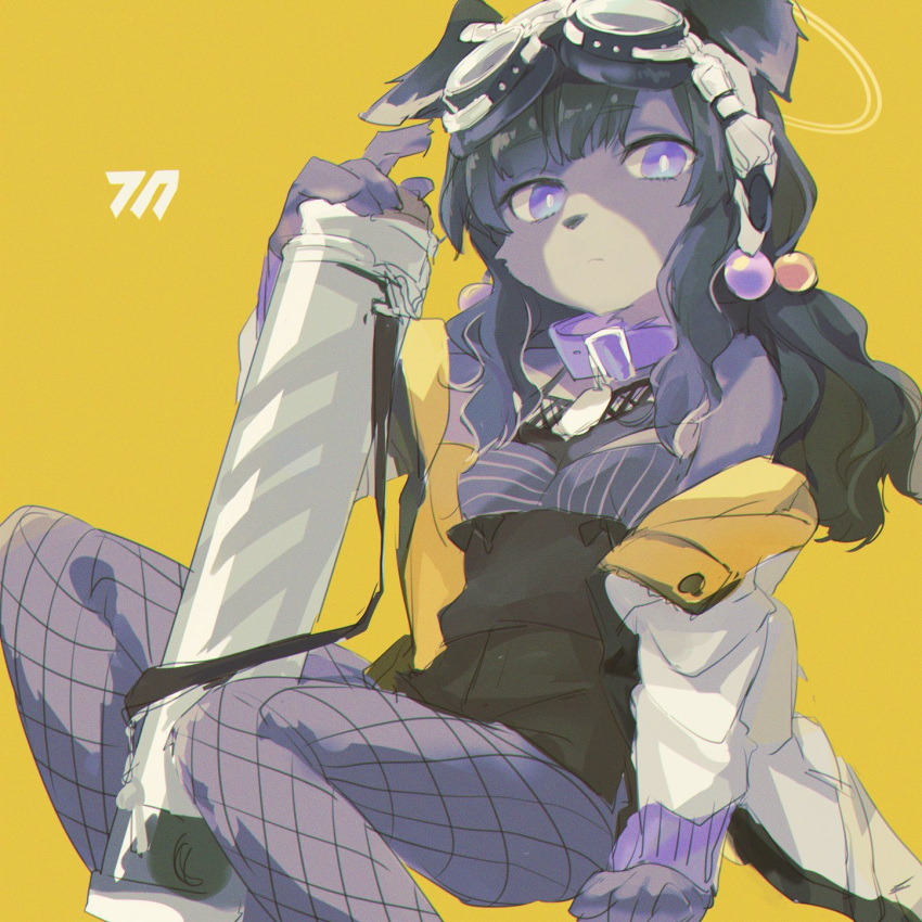 1girl animal_ears bangs black_hair blue_archive breasts closed_mouth collar dog_ears dog_girl fishnet_legwear fishnets fur furrification furry furry_female goggles goggles_on_head hair_bobbles hair_ornament hibiki_(blue_archive) highres jacket kyuuri_(miyako) long_hair low_twintails off_shoulder pantyhose purple_collar purple_eyes rocket_launcher simple_background small_breasts solo twintails weapon white_jacket yellow_background