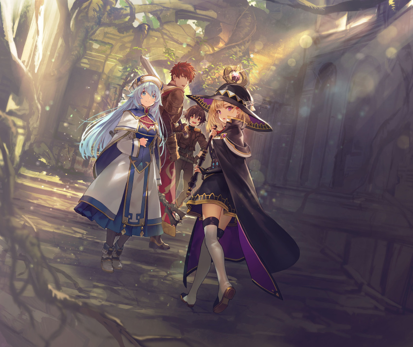 1boy 3girls :d absurdres alvin_(minus_skill-mochi) bangs black_cape black_headwear black_skirt blonde_hair blue_eyes blue_hair blue_skirt breasts bridal_gauntlets brown_hair brown_legwear cape closed_mouth cocolu cover_image cropped_jacket dutch_angle eyebrows_visible_through_hair fold-over_boots full_body glint gloves hand_on_hip hat highres holding holding_staff light_particles light_rays long_hair long_skirt long_sleeves looking_at_viewer looking_back medium_breasts medium_hair melina_(minus_skill-mochi) miniskirt minus_skill-mochi_yonin_ga_atsumattara_nanka_synergy_hakki_shite_saikyou_party_ga_dekita_ken multiple_girls novel_illustration official_art open_mouth outdoors pants parted_lips pleated_skirt purple_eyes red_eyes ribbed_sweater roots second-party_source shiny shiny_hair shirabi shoe_soles short_hair skirt smile staff standing sunbeam sunlight sweater sword teto_(minus_skill-mochi) textless thighhighs turtleneck upskirt vial weapon white_footwear white_legwear wizard_hat