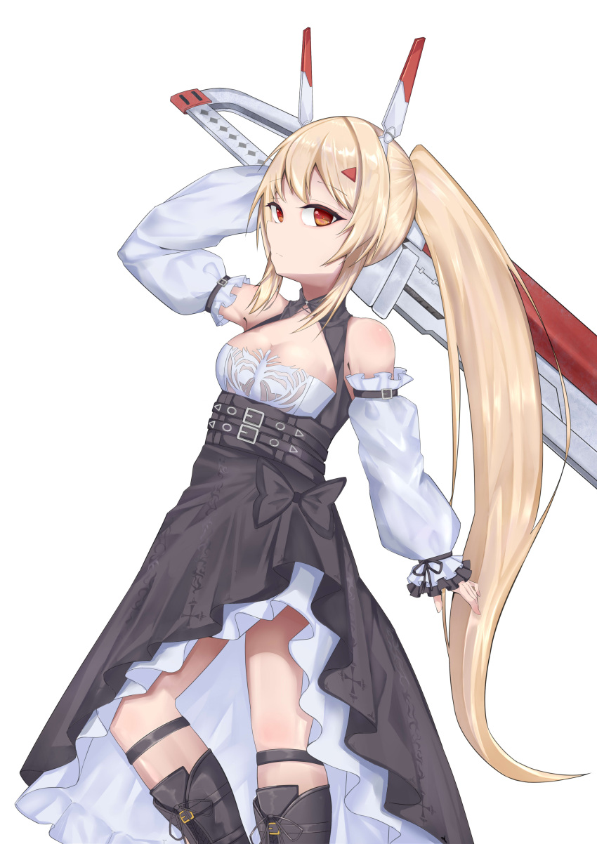 1girl absurdres armpits ayanami_(azur_lane) ayanami_(nightfall_raiment)_(azur_lane) azur_lane bangs belt black_footwear boots breasts cleavage commentary_request detached_sleeves eyebrows_visible_through_hair greatsword hair_between_eyes hair_ornament hairclip headgear highres holding holding_sword holding_weapon knee_boots light_brown_hair long_hair long_sleeves looking_at_viewer looking_to_the_side mamiya_yuki official_alternate_costume orange_eyes ponytail retrofit_(azur_lane) side_slit sidelocks simple_background solo sword weapon weapon_on_back white_background wide_sleeves