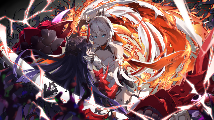 2girls absurdres armor back bangs bare_shoulders blue_eyes breasts cleavage closed_mouth disembodied_limb electricity fire gauntlets hair_between_eyes hair_ornament highres holding holding_another's_head holding_sword holding_weapon honkai_(series) honkai_impact_3rd horns katana kiana_kaslana kiana_kaslana_(herrscher_of_flamescion) long_hair looking_at_another multiple_girls ponytail purple_eyes purple_hair raiden_mei raiden_mei_(herrscher_of_thunder) sheath sheathed sword weapon white_hair zhong_er_bing