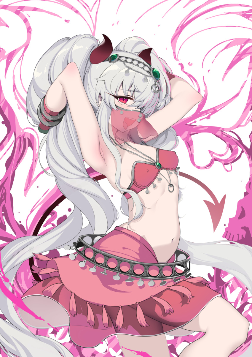 1girl armpits arms_behind_head arms_up bangs bare_shoulders blush bombergirl bracelet breasts circlet demon_girl demon_tail gradient_horns grim_aloe highres horns jewelry long_hair looking_at_viewer mouth_veil multicolored_horns navel open_mouth pink_skirt quiz_magic_academy quiz_magic_academy_the_world_evolve red_eyes red_horns red_tail santa_(sunflower) skirt small_breasts smile solo tail thighs tongue tongue_out twintails veil white_hair