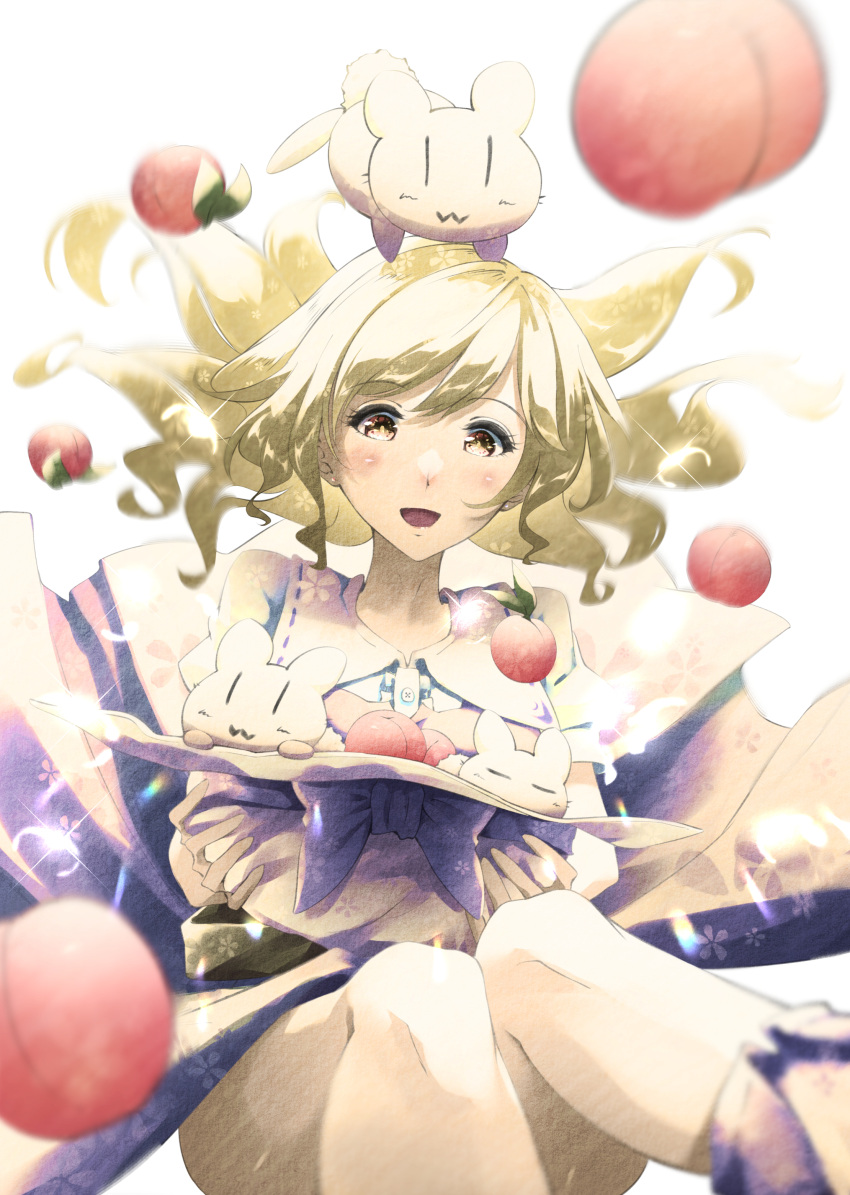 1girl absurdres belt blonde_hair bow bunny collared_shirt dress floral_print food fruit hat hat_bow hat_removed headwear_removed highres long_hair loose_belt motion_blur open_mouth otomeza_ryuseigun peach pinafore_dress purple_dress shirt smile solo touhou watatsuki_no_toyohime white_shirt yellow_eyes