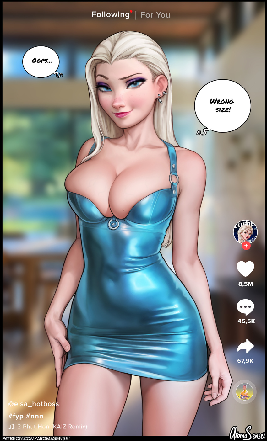 1girl absurdres aroma_sensei bare_shoulders blonde_hair blue_dress blue_eyes breasts bursting_breasts cleavage dress ear_piercing earrings elsa_(frozen) frozen_(disney) hand_on_hip highres indoors jewelry large_breasts lips looking_at_viewer piercing pink_lips seductive_smile skin_tight skindentation smile solo undersized_clothes