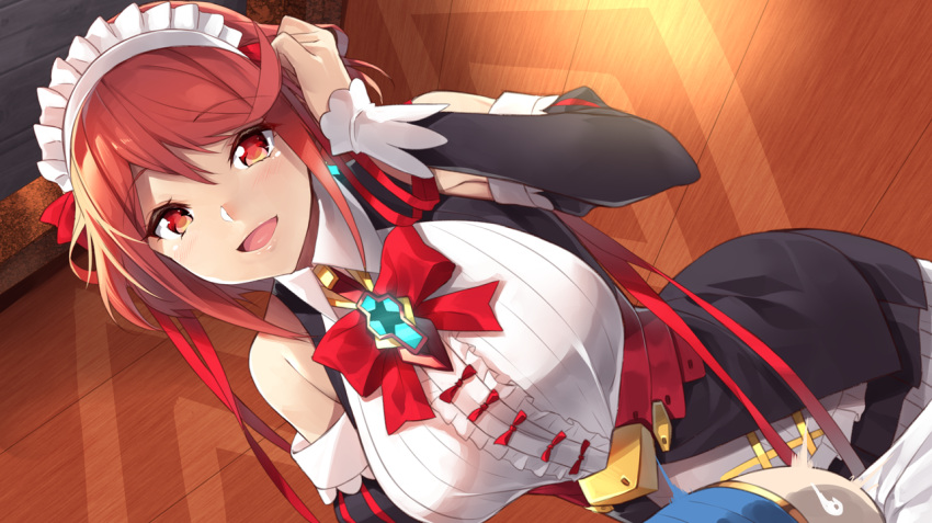 alternate_costume apron bangs breasts chest_jewel cosplay costume_switch large_breasts maid maid_apron maid_headdress poppi_(xenoblade) poppi_qt_(xenoblade) pyra_(xenoblade) red_eyes red_hair rex_(xenoblade) short_hair swept_bangs waist_apron xenoblade_chronicles_(series) xenoblade_chronicles_2 yappen