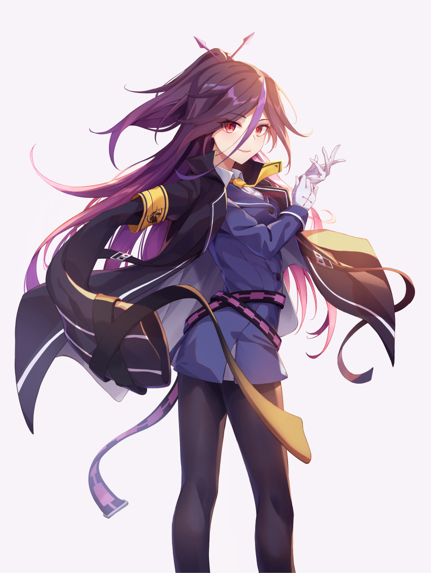 1girl absurdres bangs belt benghuai_xueyuan blue_shirt closed_mouth coat gloves highres honkai_(series) houraiji_kyuushou long_hair long_sleeves looking_at_viewer looking_to_the_side necktie polo_shirt purple_background purple_coat purple_eyes purple_hair purple_legwear shirt simple_background smile solo star-ring white_gloves white_shirt yellow_necktie