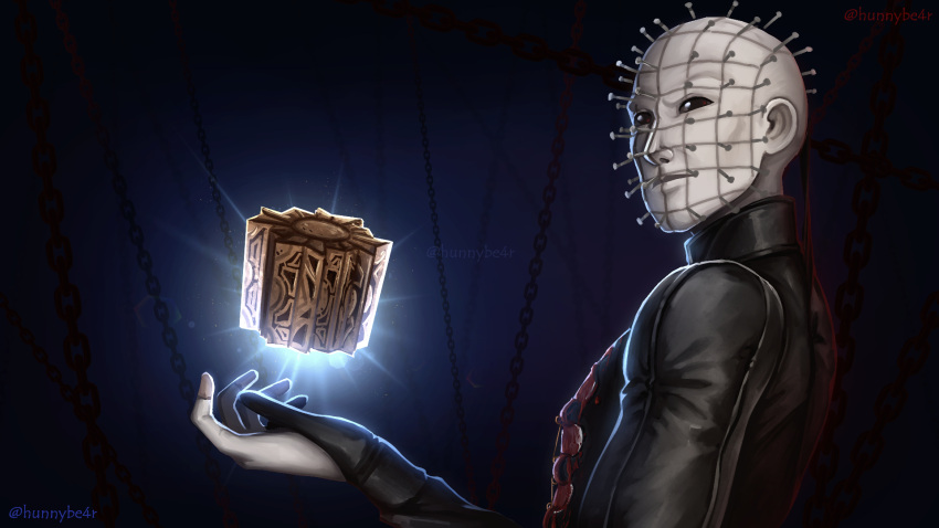 1boy bald black_eyes blood body_modification chain closed_mouth colored_skin dark_background dead_by_daylight hellraiser high_collar highres hunnybear injury lament_configuration looking_at_viewer male_focus pale_skin pin pinhead simple_background twitter_username white_skin