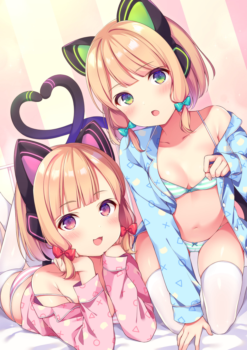 2girls :d animal_ears bed_sheet blonde_hair blue_archive blue_bow blue_shirt blush bow bow_bra bow_panties bra breasts cat_ear_headphones cat_ears cat_tail commentary_request fake_animal_ears green_eyes hair_bow headphones heart_tail_duo highres kneeling kofuyu_(cofyuuun) legs_up long_sleeves looking_at_viewer lying midori_(blue_archive) momoi_(blue_archive) multiple_girls no_pants off_shoulder on_stomach open_clothes open_mouth open_shirt pajamas panties pink_shirt red_bow red_eyes ribbon shirt short_hair siblings sisters sleepwear sleeves_past_wrists small_breasts smile striped striped_bra striped_panties tail thighhighs twins underwear white_legwear