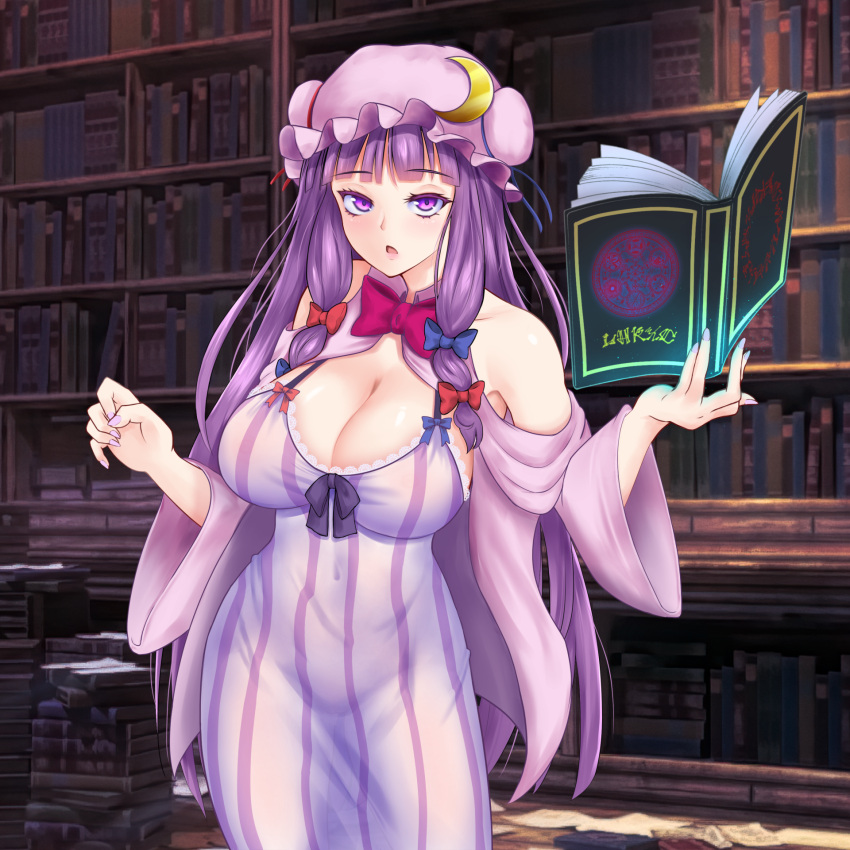 1girl blue_bow book bow breasts cleavage crescent crescent_hat_ornament dress hat hat_ornament highres large_breasts library long_dress long_hair looking_at_viewer mob_cap patchouli_knowledge puck100ml purple_eyes purple_hair red_bow striped striped_dress touhou vertical-striped_dress vertical_stripes very_long_hair voile