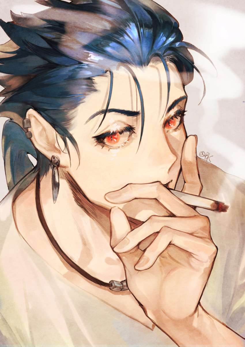 1boy blue_hair bok cigarette cu_chulainn_(fate) cu_chulainn_(fate/stay_night) earrings eyelashes fate/stay_night fate_(series) highres jewelry korean_commentary long_hair male_focus multiple_earrings multiple_piercings necklace ponytail red_eyes slit_pupils smoke smoking solo spiked_hair