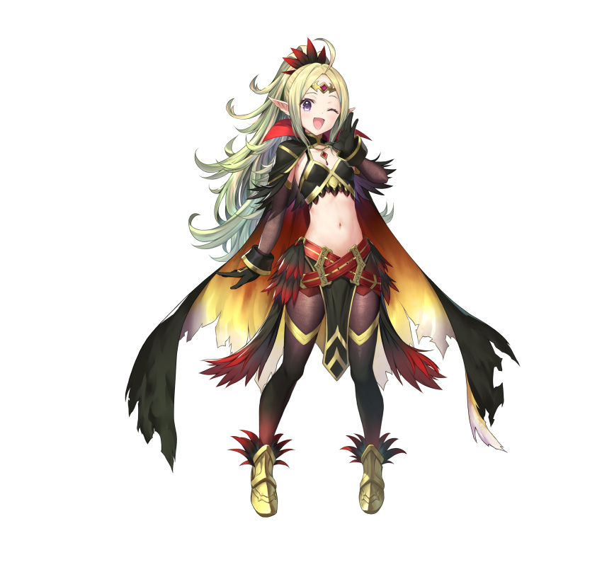 1girl absurdres ahoge alternate_costume bangs belt black_gloves blonde_hair blush cape commentary_request feather_trim feathers fire_emblem fire_emblem_awakening fire_emblem_heroes flat_chest gloves gold_trim gradient gradient_clothes gradient_hair green_hair highres jewelry kousei_horiguchi long_hair looking_at_viewer manakete midriff multicolored_hair multiple_belts navel nowi_(fire_emblem) official_alternate_costume official_art one_eye_closed open_mouth pantyhose parted_bangs pelvic_curtain pointy_ears ponytail purple_eyes simple_background smile stomach tiara tied_hair white_background