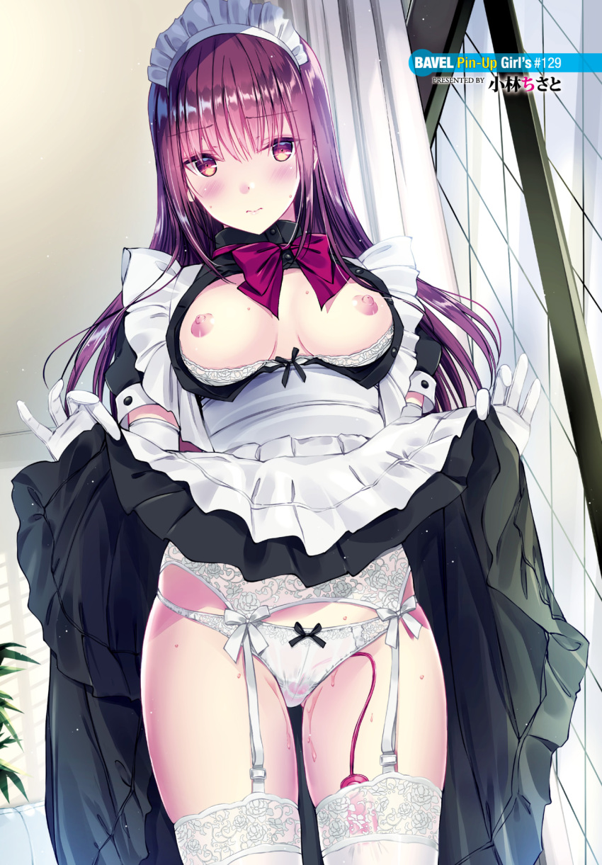 1girl apron bangs black_dress blush bow bow_panties bowtie bra bra_pull breasts breasts_outside closed_mouth clothes_lift clothes_pull dress dress_lift egg_vibrator eyebrows_visible_through_hair frilled_apron frills garter_belt garter_straps gloves highres kobayashi_chisato lifted_by_self long_hair looking_at_viewer maid maid_apron maid_headdress nipples object_insertion original panties puffy_short_sleeves puffy_sleeves purple_eyes purple_hair pussy_juice red_bow red_bowtie remote_control_vibrator sex_toy short_sleeves solo sweat thighhighs underwear vaginal vaginal_object_insertion vibrator vibrator_in_thighhighs vibrator_under_clothes vibrator_under_panties waist_apron wet wet_clothes wet_panties white_apron white_bra white_gloves white_legwear white_panties