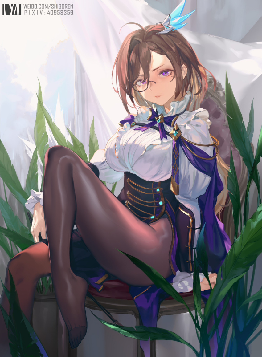 1girl ahoge bangs black_skirt bow bowtie breasts brown_hair brown_legwear chinese_commentary commentary_request dm_(dai_miao) eternal_tree foot_out_of_frame hair_between_eyes hat high-waist_skirt highres large_breasts leg_up long_hair long_sleeves looking_at_viewer mole mole_under_eye no_shoes pantyhose parted_lips plant purple_bow purple_bowtie purple_eyes shirt sitting skirt solo white_shirt