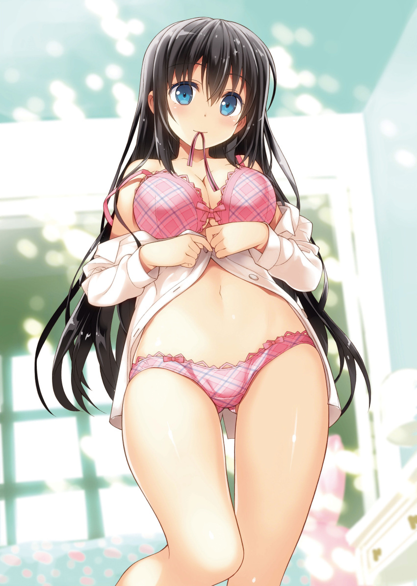 1girl 29_to_jk absurdres ass_visible_through_thighs bangs black_hair blue_eyes blurry blurry_background bra breasts cleavage collared_shirt dress_shirt from_below hair_between_eyes highres large_breasts light_blush long_hair long_sleeves minamisato_karen mouth mouth_hold navel novel_illustration off_shoulder official_art open_clothes open_shirt panties pink_bra pink_panties plaid plaid_bra plaid_panties ribbon ribbon_in_mouth second-party_source shiny shiny_skin shirt solo strap_slip textless thighs underwear undressing white_shirt yan-yam