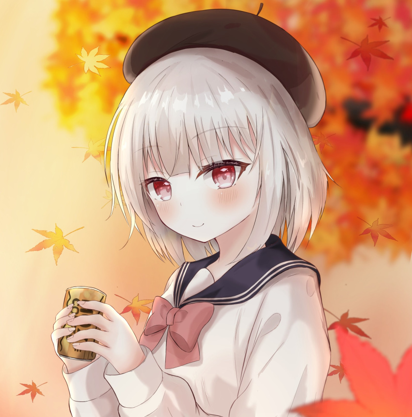 1girl autumn_leaves beret black_headwear black_sailor_collar blurry blurry_background bow can canned_coffee closed_mouth commentary depth_of_field georgia_max_coffee grey_hair hat highres holding holding_can leaf long_sleeves looking_at_viewer maple_leaf original pink_bow puffy_long_sleeves puffy_sleeves red_eyes sailor_collar shirt sirotuki_ito smile solo upper_body white_shirt