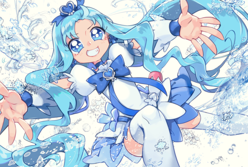 1girl blue_bow blue_choker blue_eyes blue_hair blue_skirt blue_theme bow brooch choker cure_marine earrings flower_earrings grin hair_ornament heart heart_hair_ornament heartcatch_precure! jewelry kurumi_erika long_hair looking_at_viewer magical_girl outstretched_arms pouch precure puffy_sleeves simple_background skirt smile solo spread_arms thighhighs tkai40 water white_background white_legwear wrist_cuffs