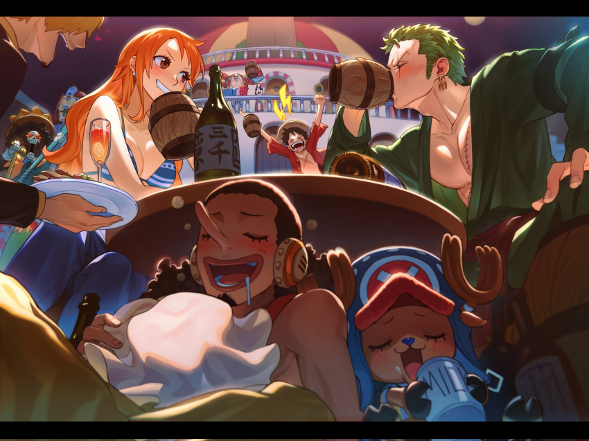 2girls 6+boys :d bangs beer_mug black_hair blue_skin blurry blurry_background blush bottle breasts brook brown_hair cleavage closed_eyes colored_skin cup drinking drooling facial_hair fish_boy franky from_side goatee green_hair grin hat highres holding jimbei long_hair long_sleeves medium_breasts milk monkey_d._luffy mug multiple_boys multiple_girls nami_(one_piece) nico_robin one_piece open_mouth outdoors pectorals qin_(7833198) roronoa_zoro sanji scar scar_across_eye scar_on_chest short_hair skull smile straw_hat_pirates stubble teeth thousand_sunny tony_tony_chopper usopp white_headwear wine_bottle