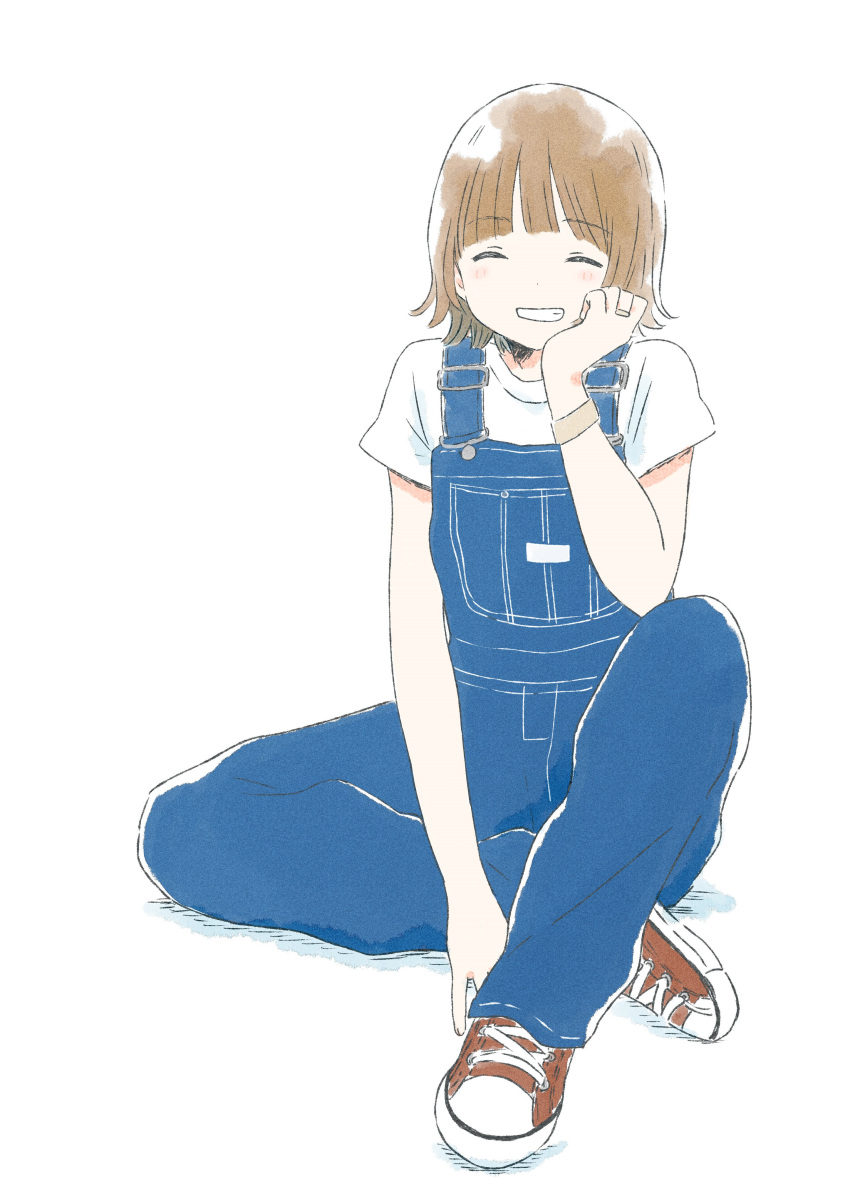 1girl absurdres blonde_hair blue_overalls brown_footwear closed_eyes denim eyebrows_visible_through_hair highres itunohika jewelry looking_away original overalls ring shirt short_hair short_sleeves simple_background sitting smile t-shirt wedding_ring white_background wristband