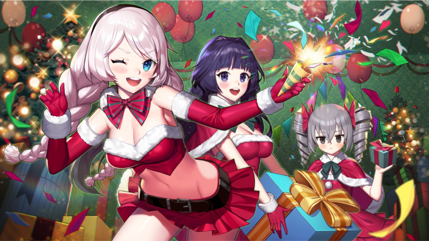 &gt;:( 3girls :&lt; :d artist_request balloon bangs bare_shoulders belt belt_buckle blue_eyes bow bowtie braid breasts bronya_zaychik buckle christmas christmas_lights christmas_ornaments christmas_tree cleavage closed_mouth confetti dress drill_hair elbow_gloves gift gloves grey_eyes grey_hair hair_bow highres holding holding_gift honkai_(series) honkai_impact_3rd indoors kiana_kaslana long_hair looking_at_viewer multiple_girls navel one_eye_closed open_mouth party_horn purple_eyes purple_hair raiden_mei red_bow red_bowtie red_dress red_gloves red_skirt skirt sleeveless smile strapless teeth tube_top twin_braids twin_drills v-shaped_eyebrows white_hair