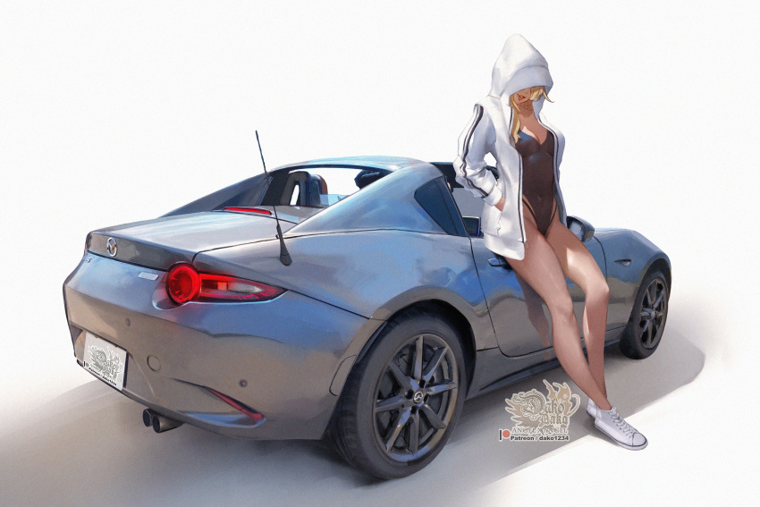 1girl artist_name bare_legs black_swimsuit blonde_hair breasts car commentary competition_swimsuit covered_eyes english_commentary eunos_roadster film_grain full_body ground_vehicle hands_in_pockets highres hood hood_up hooded_jacket hu_dako jacket mazda medium_breasts motor_vehicle one-piece_swimsuit open_clothes open_jacket original parted_lips patreon_logo reward_available simple_background solo standing striped striped_jacket swimsuit swimsuit_under_clothes web_address white_background white_footwear white_jacket