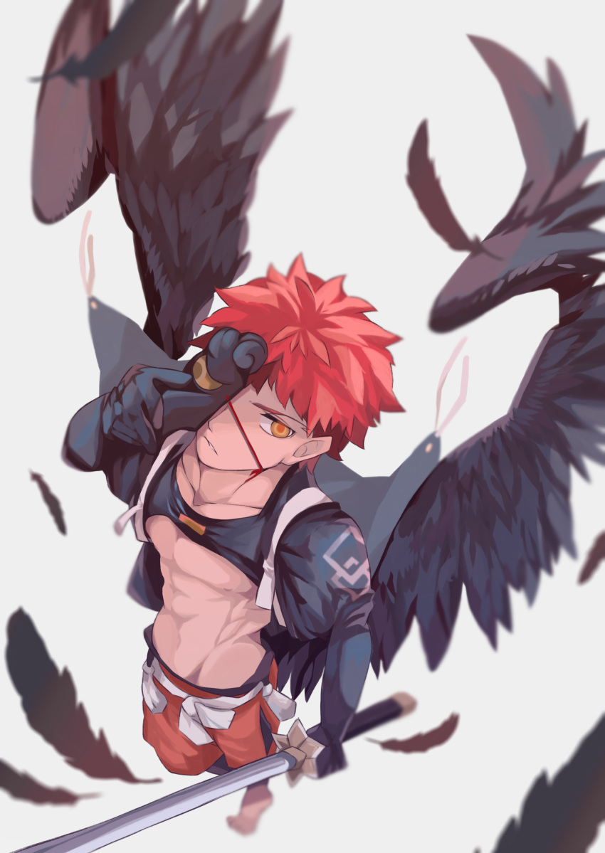 1boy abs absurdres bare_pectorals black_wings closed_mouth emiya_shirou falling_feathers fate/grand_order fate_(series) feathered_wings feathers half_mask highres holding holding_sword holding_weapon japanese_clothes kamigokuin male_focus mask official_alternate_costume orange_pants pants pectorals red_hair senji_muramasa_(fate) short_hair shrug_(clothing) solo sword toned toned_male weapon white_background wings yellow_eyes
