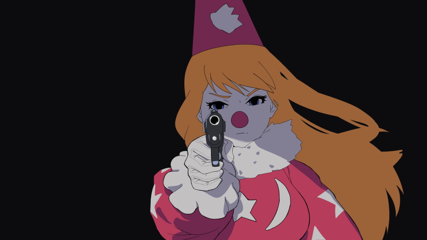 1girl absurdres aiming_at_viewer black_background blonde_hair breasts clown clown_nose fridge_(fridgedraws) frown gloves gun handgun hat highres holding holding_gun holding_weapon makeup medium_breasts neck_ruff original party_hat pink_headwear pistol portrait shaded_face solo v-shaped_eyebrows weapon white_gloves