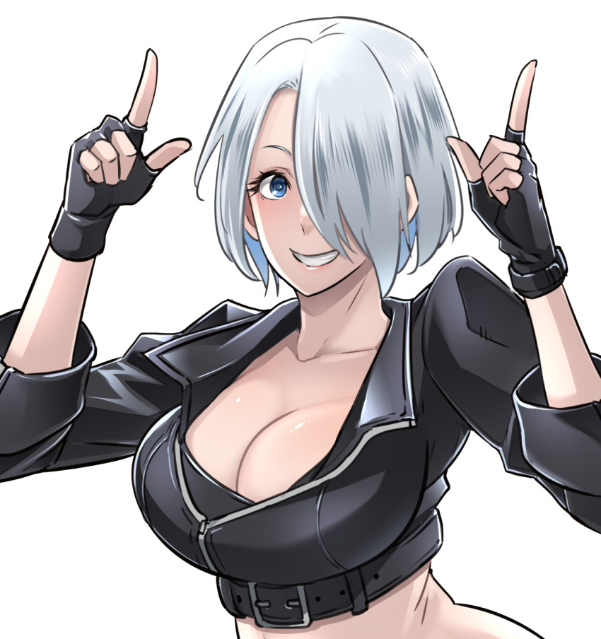 1girl angel_(kof) bangs bra breasts butcha-u close-up cropped_jacket eyebrows_visible_through_hair face finger_horns fingerless_gloves gloves hair_over_one_eye hand_up highres index_finger_raised jacket large_breasts leather looking_at_viewer open_mouth simple_background snk solo the_king_of_fighters the_king_of_fighters_2001 the_king_of_fighters_xiv underwear upper_body white_background