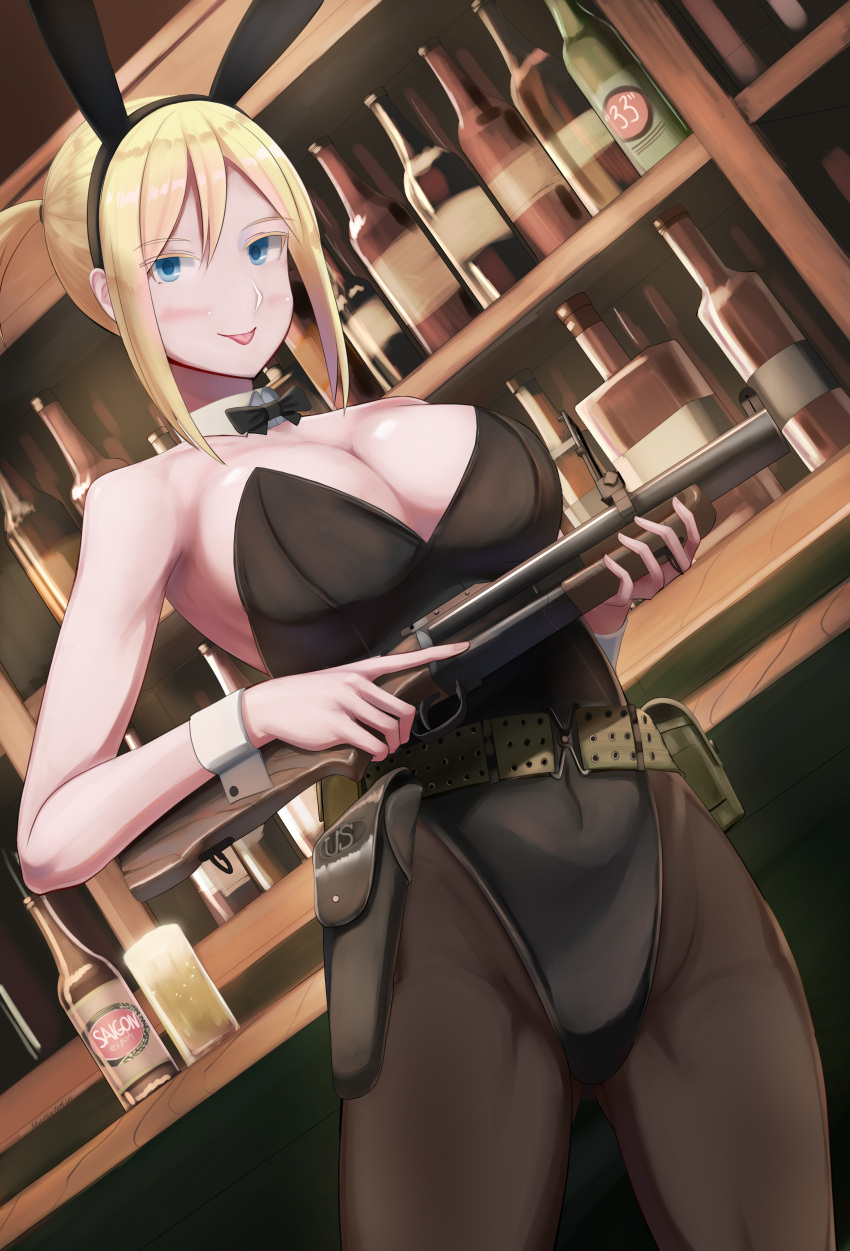 1girl :p absurdres alcohol animal_ears bangs bar beer_bottle belt black_legwear black_leotard blonde_hair blue_eyes bow bowtie breasts commentary covered_navel cup detached_collar drinking_glass dutch_angle fake_animal_ears gun highres holding holding_gun holding_weapon holster indoors large_breasts leotard long_hair looking_at_viewer nguyen_tam_lee open_mouth original pantyhose playboy_bunny ponytail pouch pump_action rabbit_ears sawed-off_shotgun short_hair shotgun sidelocks smile solo strapless strapless_leotard tongue tongue_out trigger_discipline utility_belt weapon wrist_cuffs