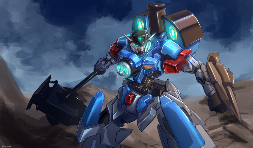 blue_eyes clenched_hand cosmikaizer crossover fusion glowing glowing_eyes gundam gundam_barbatos gundam_tekketsu_no_orphans hammer highres holding holding_hammer mecha mobile_suit no_humans science_fiction solo thomas_the_tank_engine thomas_the_tank_engine_(character) v-fin