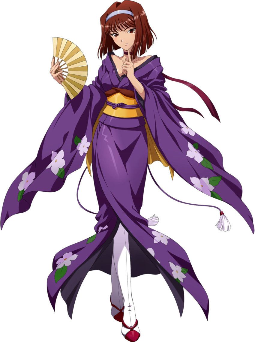 1girl artist_request brown_eyes brown_hair choker closed_mouth collarbone floral_print full_body hairband hand_fan highres holding holding_fan japanese_clothes kanzaki_sumire kimono long_sleeves looking_at_viewer mole mole_under_eye obi off-shoulder_kimono official_art print_kimono purple_kimono purple_ribbon ribbon ribbon_choker sakura_taisen sash shiny shiny_hair short_hair smile solo standing transparent_background uniform white_footwear white_hairband wide_sleeves