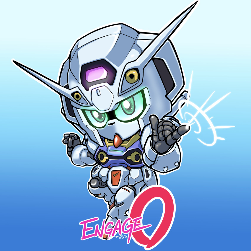 \m/ absurdres aqua_eyes artist_name blue_background character_name chibi dated glowing glowing_eyes gundam gundam_engage_zero gundam_u.c._engage highres looking_at_viewer mecha mobile_suit science_fiction sd_gundam solo tomutamo v-fin