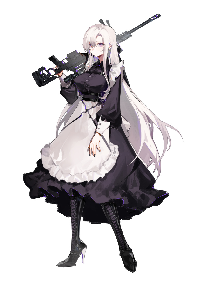 1girl absurdres apron artist_name bangs black_nails boots breasts cross cross_earrings earrings frilled_apron frills gun high_heels highres jewelry kitere long_hair long_sleeves maid maid_apron mole mole_under_eye original over_shoulder purple_eyes simple_background solo very_long_hair weapon weapon_over_shoulder white_background white_hair