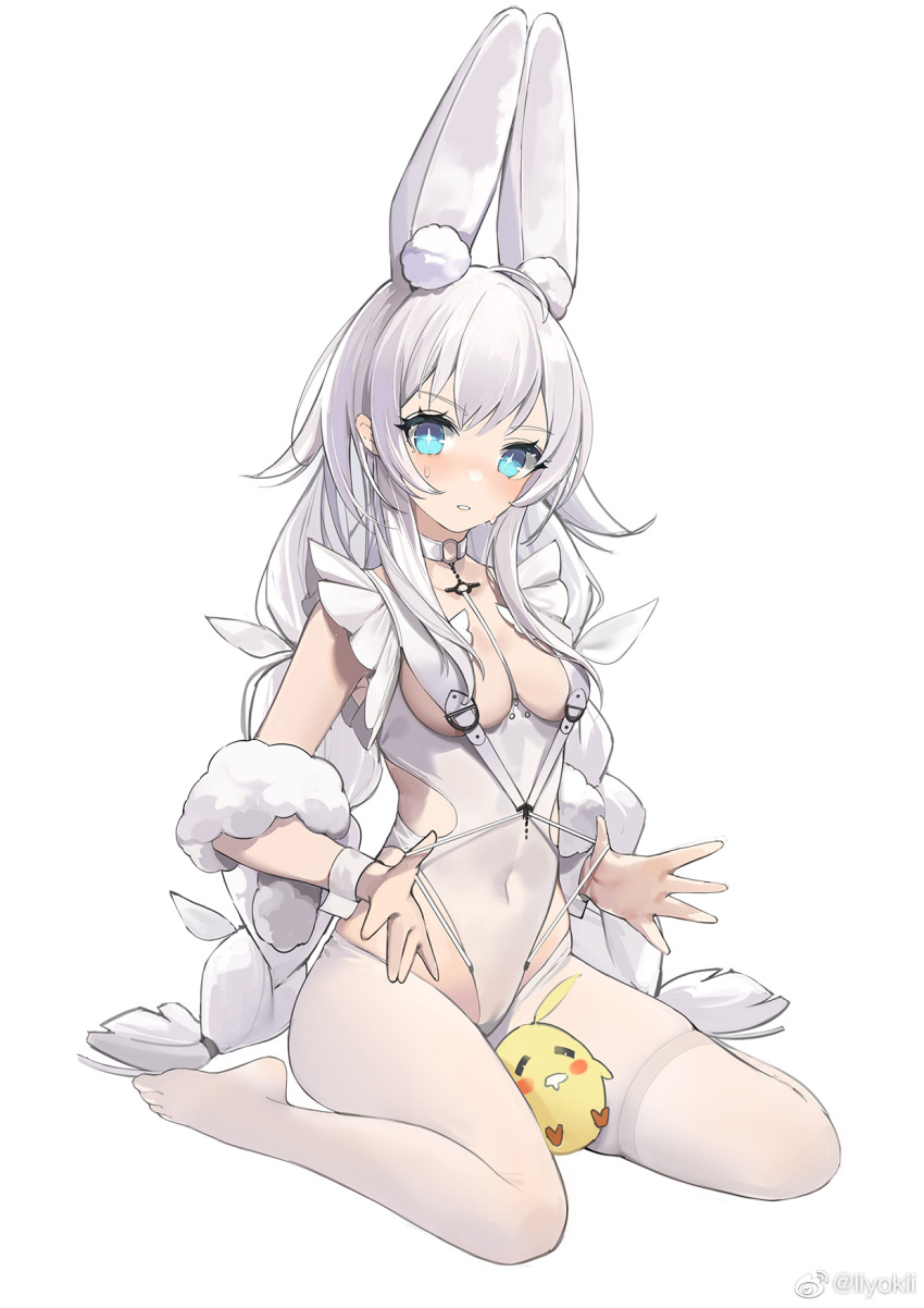 +_+ 1girl ahoge animal_ear_fluff animal_ears azur_lane bangs blue_eyes blush braid breasts chinese_commentary choker collarbone commentary_request eyebrows_visible_through_hair fake_animal_ears feet full_body highres le_malin_(azur_lane) le_malin_(listless_lapin)_(azur_lane) leotard looking_at_viewer low_twin_braids manjuu_(azur_lane) medium_breasts o-ring o-ring_choker pantyhose playboy_bunny playboy_bunny_leotard silver_hair sitting solo sweat thigh_strap toes twin_braids twitter_username wariza white_legwear white_leotard wrist_cuffs yokii