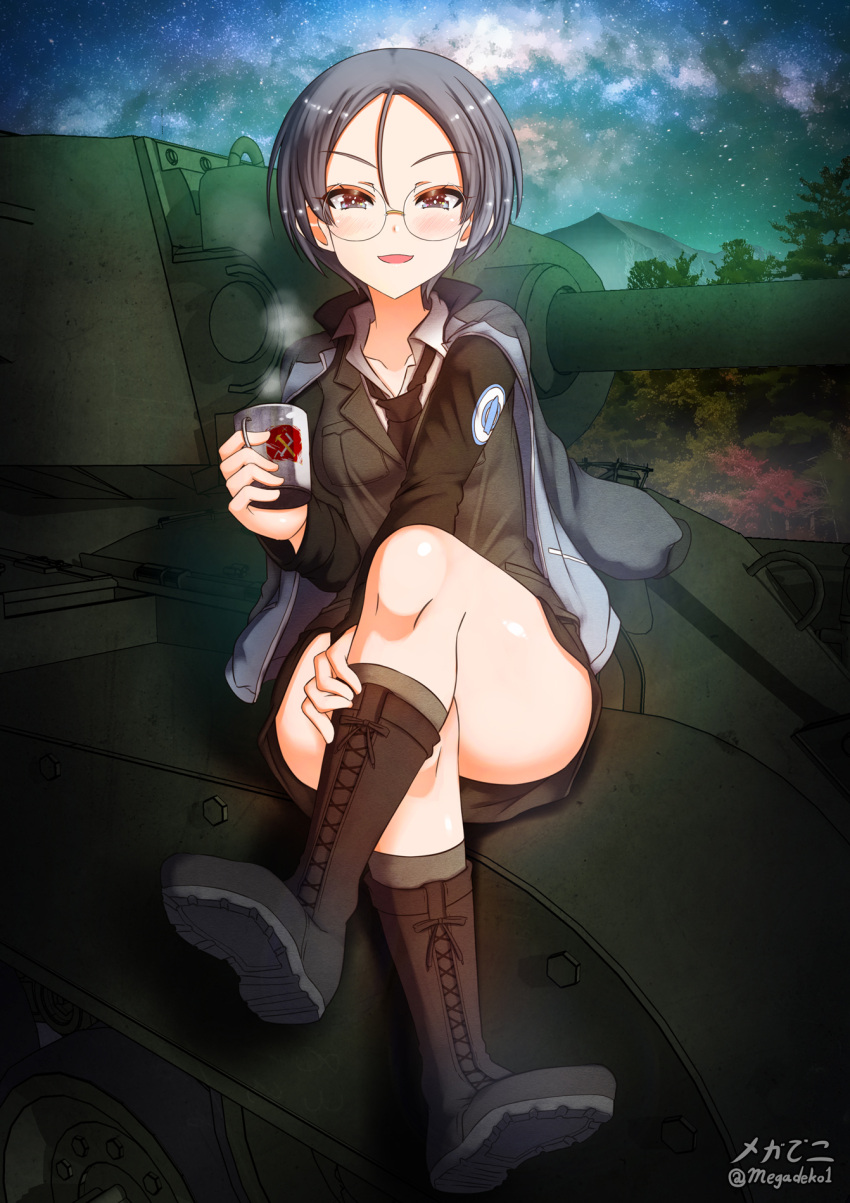 1girl aquaegg black_necktie black_skirt blue_eyes blue_hair blush breasts cleavage emblem eyebrows_visible_through_hair girls_und_panzer glasses ground_vehicle highres keizoku_military_uniform military military_uniform military_vehicle miniskirt motor_vehicle necktie open_mouth outdoors pravda_(emblem) rumi_(girls_und_panzer) selection_university_(emblem) selection_university_military_uniform shiny shiny_hair shiny_skin short_hair skirt sky small_breasts smile solo star_(sky) starry_sky t-34 tank uniform