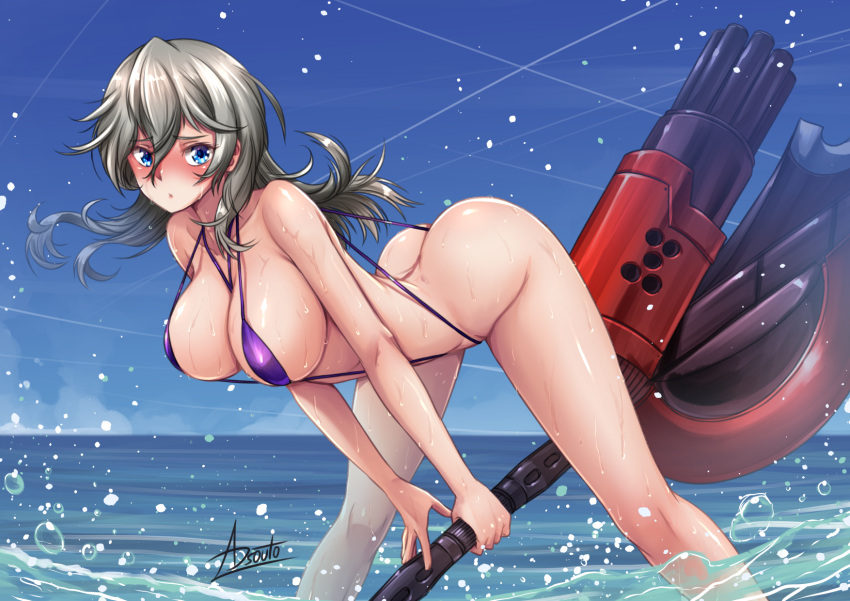 1girl adsouto alisa_ilinichina_amiella ass bikini blue_eyes blush breasts collarbone commentary god_eater highres holding holding_weapon huge_weapon large_breasts long_hair looking_at_viewer ocean partially_submerged shiny shiny_skin signature solo swimsuit water weapon wet