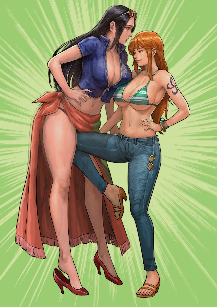 2girls absurdres arm_tattoo bangle bare_shoulders black_hair bracelet breasts cirenk cleavage closed_mouth commentary commission crotch_kick cunt_punt denim dress emphasis_lines eyewear_on_head full_body green_background hand_on_hip heel_pop high_heels highres jeans jewelry knee_up kneeing large_breasts legs_apart log_pose long_hair looking_at_another multiple_girls nami_(one_piece) navel nico_robin one_piece open_mouth orange_hair pants ryona sarong short_sleeves simple_background smirk standing standing_on_one_leg tattoo thighs toes zipper zipper_pull_tab