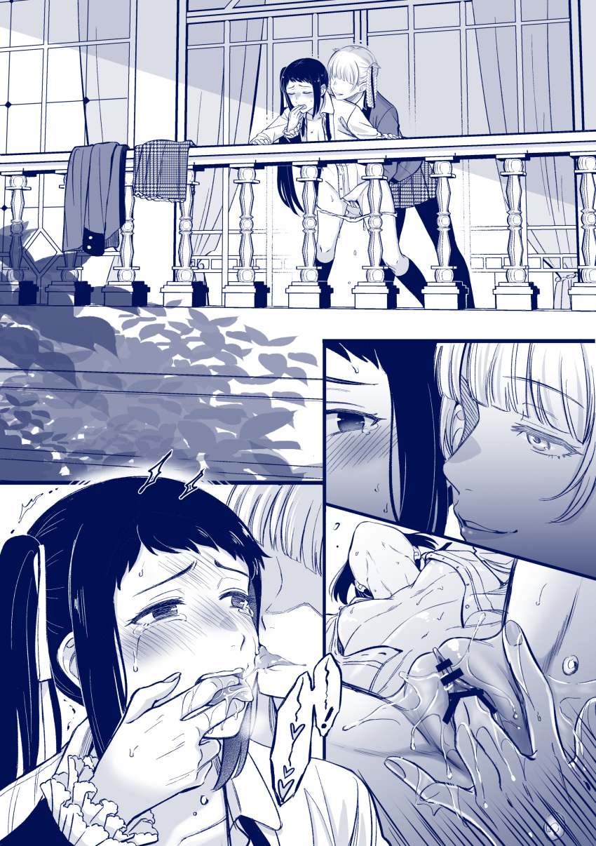 2girls absurdres balcony bar_censor blush breasts censored closed_eyes clothes_removed crying crying_with_eyes_open eyebrows_visible_through_hair female_ejaculation fingering highres hyakkaou_academy_uniform igarashi_sayaka kakegurui kanbayashi_makoto licking licking_finger looking_at_another momobami_kirari multiple_girls panties panty_pull pussy saliva skirt skirt_removed smile tears teeth tongue tongue_grab tongue_out underwear undone_necktie upper_teeth yuri