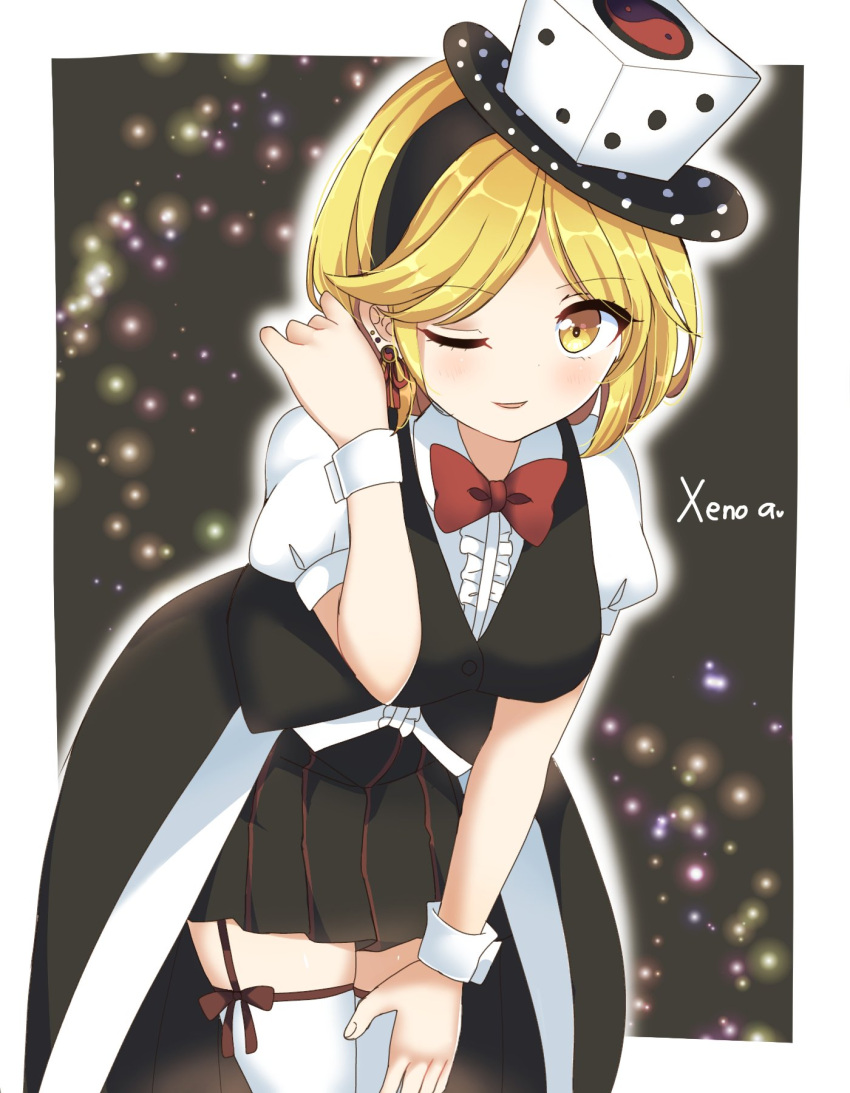 1girl black_skirt black_vest blonde_hair blush bow bowtie breasts character_name dice_hair_ornament earrings eyebrows_visible_through_hair eyelashes genderswap genderswap_(otf) hair_ornament hand_on_leg highres jewelry leaning_forward len'en looking_at_viewer medium_breasts one_eye_closed ougi_hina pleated_skirt puffy_short_sleeves puffy_sleeves red_bow red_bowtie red_neckwear red_ribbon ribbon shirt short_hair short_sleeves skirt standing thighhighs vest white_legwear white_shirt wrist_cuffs xeno_a yellow_eyes zettai_ryouiki