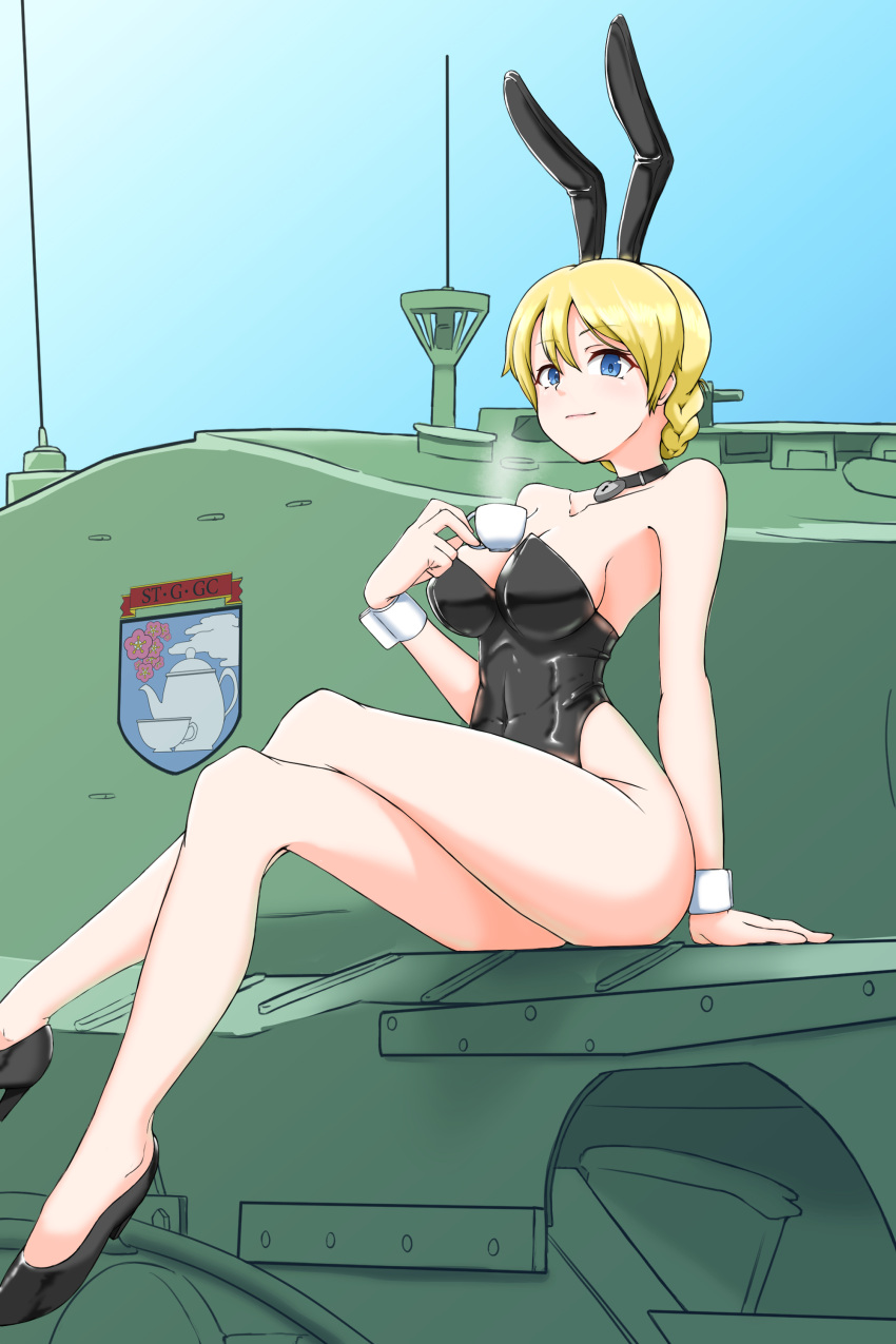 1girl absurdres animal_ears bangs bare_legs bare_shoulders black_choker black_footwear black_leotard blonde_hair blue_eyes braid breasts choker churchill_(tank) closed_mouth collarbone commentary covered_navel crossed_legs cup darjeeling_(girls_und_panzer) emblem fake_animal_ears girls_und_panzer ground_vehicle heart heart_choker high_heels highres holding holding_cup legs leotard looking_at_viewer medium_breasts military military_vehicle motor_vehicle no_legwear nyang-kaz on_vehicle playboy_bunny rabbit_ears short_hair sitting smile solo st._gloriana's_(emblem) strapless strapless_leotard stream tank teacup thighs tied_hair twin_braids wrist_cuffs